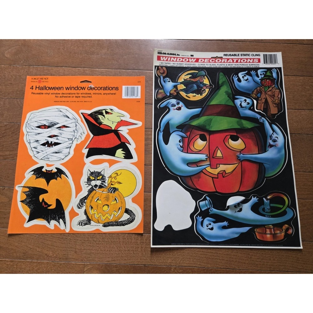 90s Reusable Halloween Window Clings 2 Sheets Pumpkin Vampire Bat - Picture 2 of 2